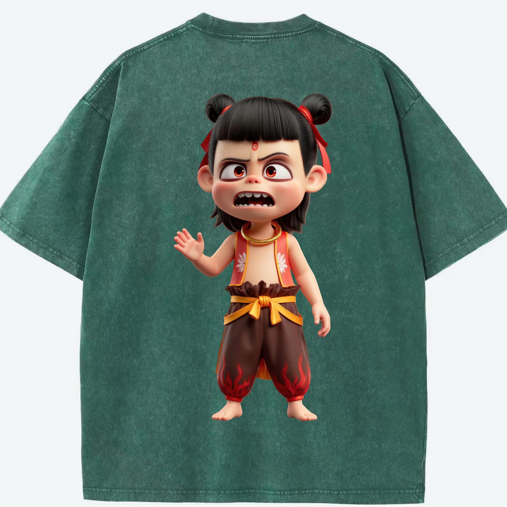 （画像用） Ne Zha 2 ナタ 魔童の大暴れ 綿100% ヴィンテージ風 半袖Tシャツ（背面プリント）